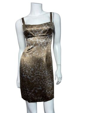 JAY GODFREY 100% Silk Bronze/Grey Leopard Print Sheath Cocktail Dress 2 USA